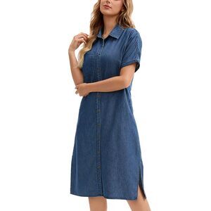 Summer Short Sleeve Button Down Casual Midi Tunic Jean Shirt Dress Navy Blue
